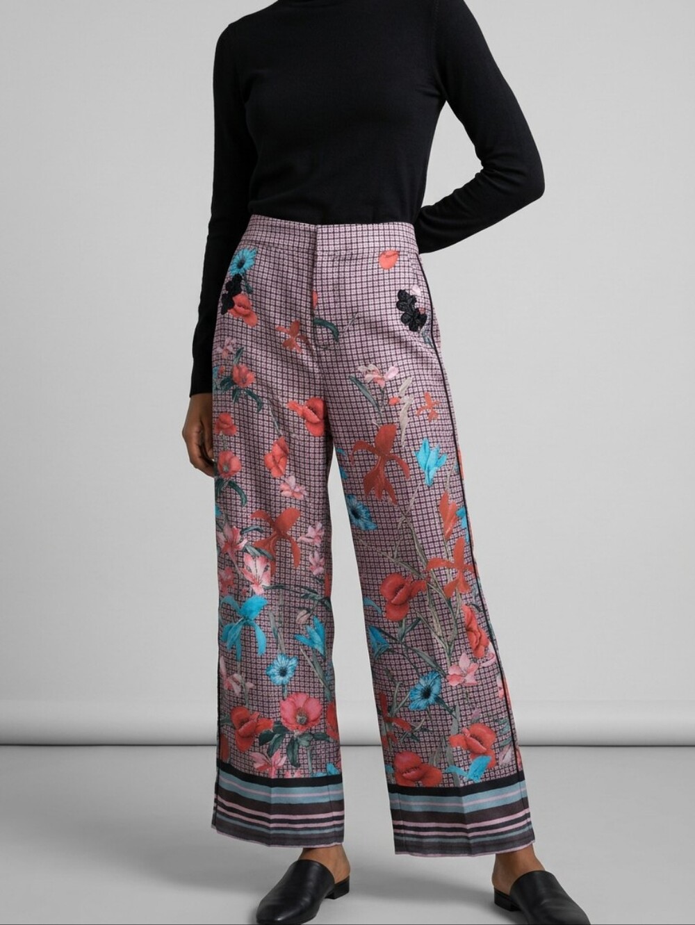 Zara Woman Wide Leg Pants Womens XS Floral Check High Waist Palazzo Trousers